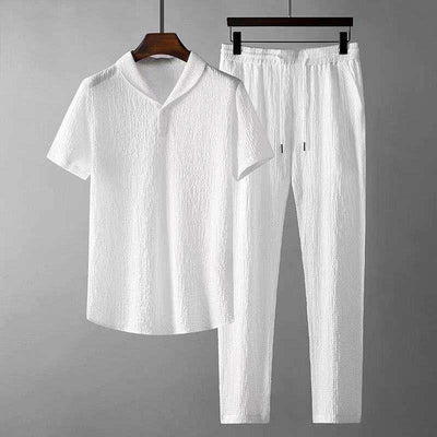 Mens Clothing Leisure Suit Loose Short Sleeve Top And Drawstring Trousers 