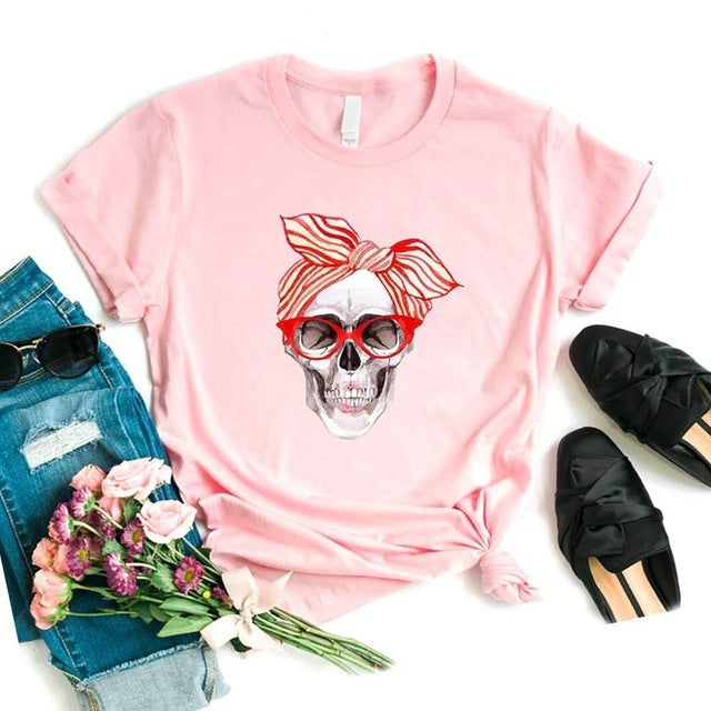 Top Women Trendy Clothing Skull Pattern Short-Sleeved T-Shirt 