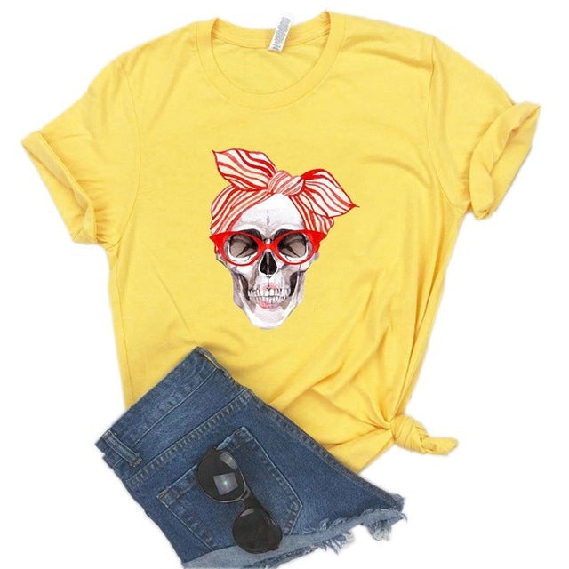 Top Women Trendy Clothing Skull Pattern Short-Sleeved T-Shirt 