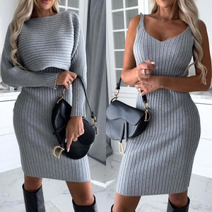 2pcs Suit Women's Solid Stripe Long - sleeved Top And Tight Suspender Skirt Fashion Autumn Winter Slim Clothing - Joma & Co