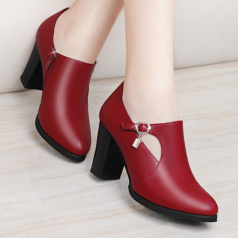 With all-match shoes spring new high-heeled shoes with thick women and middle-aged lady mother shoe leather shoes