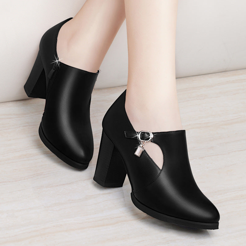 With all-match shoes spring new high-heeled shoes with thick women and middle-aged lady mother shoe leather shoes