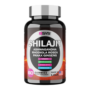 BSYS 8in1 Shilajit Gummies bottle with 60 gummies for dietary supplement, featuring Ashwagandha, Rhodiola, and Ginseng.