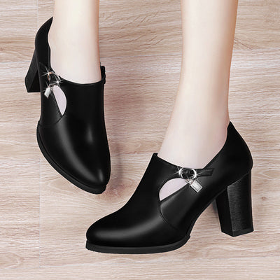 With all-match shoes spring new high-heeled shoes with thick women and middle-aged lady mother shoe leather shoes