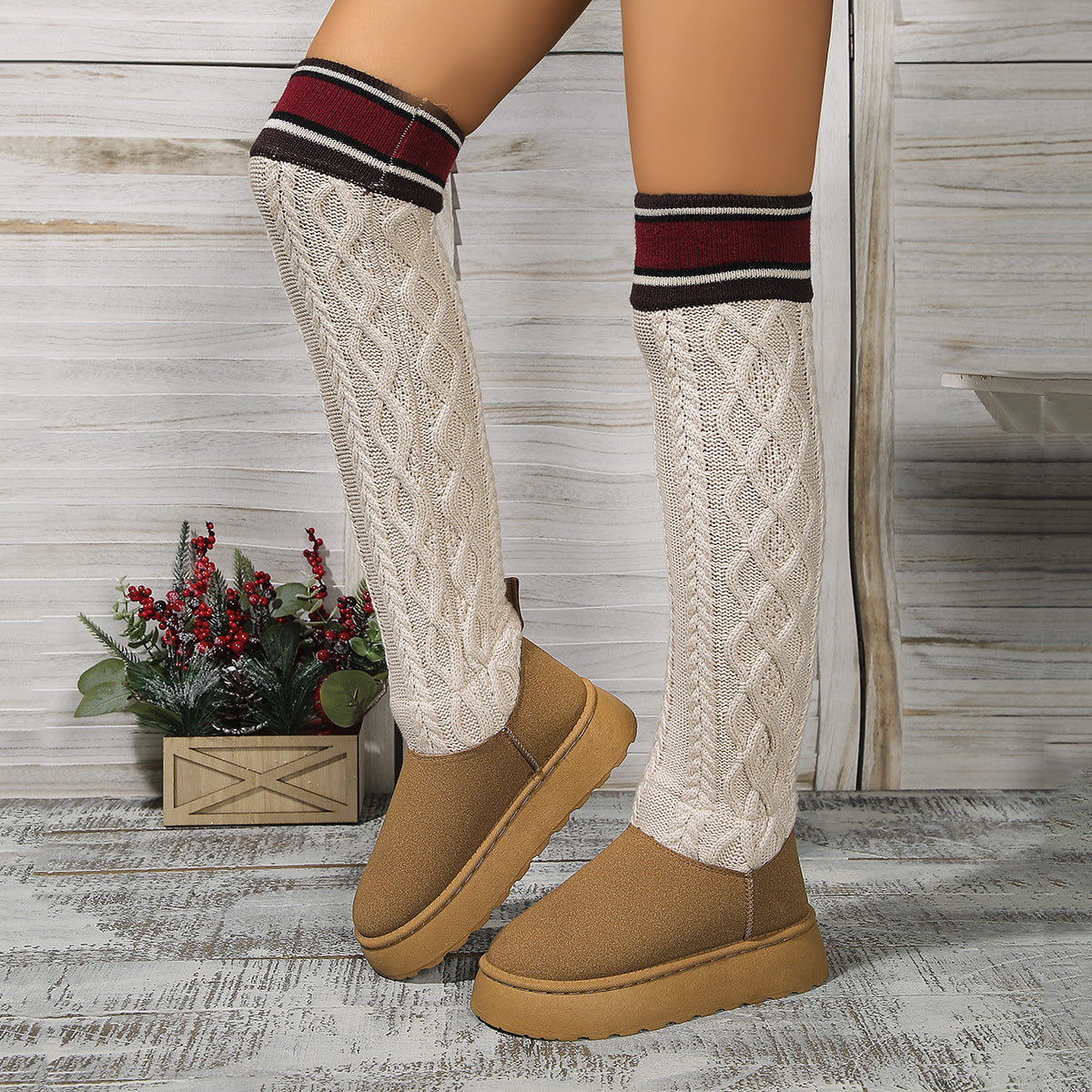 Winter Over-the-knee Boots With Long Knitted Sock Design Fashion Flat Thick-soled Shoes For Women Casual Warm Long Boot