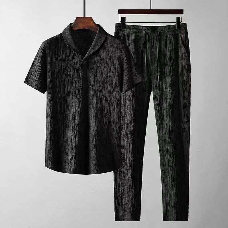 Mens Clothing Leisure Suit Loose Short Sleeve Top And Drawstring Trousers 