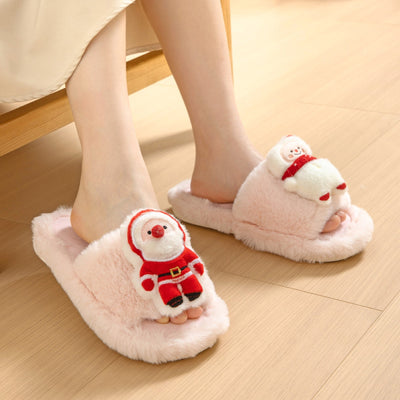 Christmas Shoes Ins Santa Claus Open - toe Cotton Slippers Winter Home Indoor Floor Plush Warm Furry Slippers Women - Joma & Co