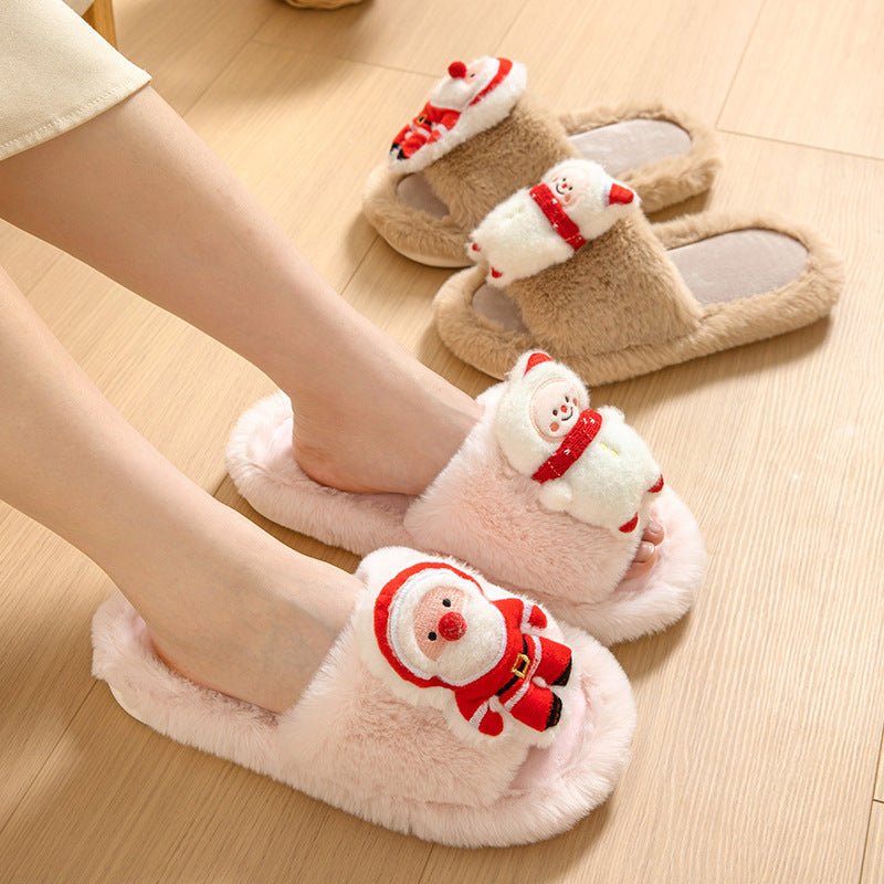 Christmas Shoes Ins Santa Claus Open - toe Cotton Slippers Winter Home Indoor Floor Plush Warm Furry Slippers Women - Joma & Co